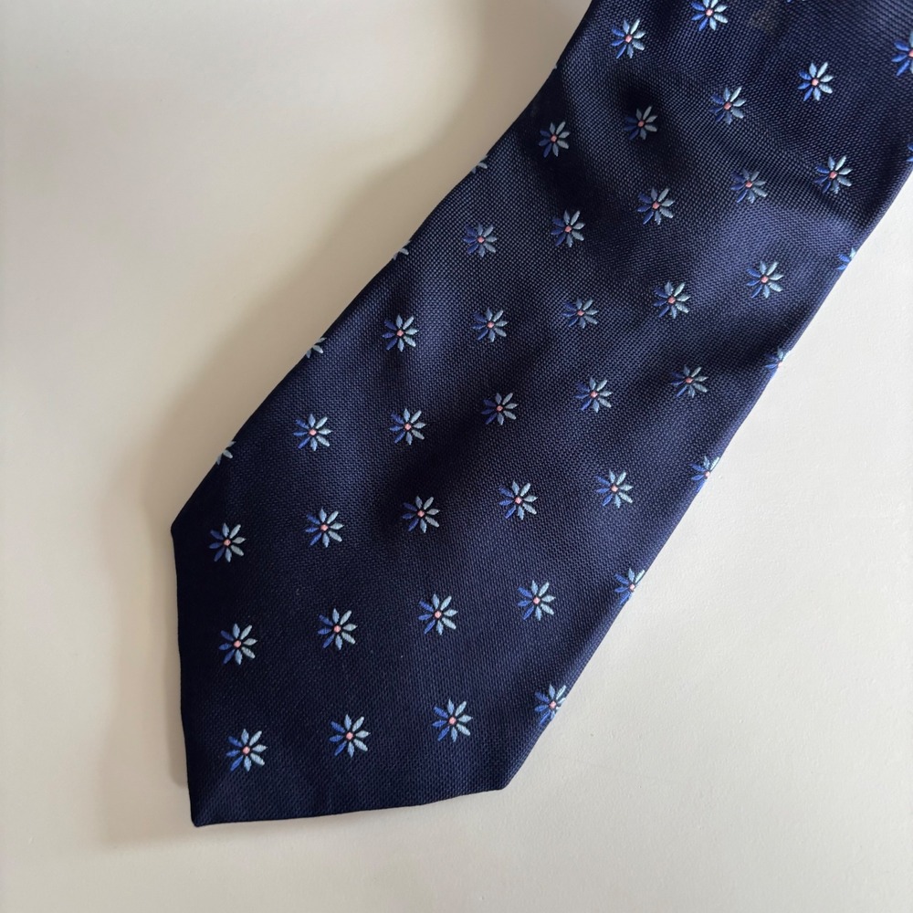 Thomas Pink Necktie Mens Navy Blue Silk‎ Floral Embroidered Jermyn Street London